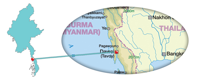 Karte von der Stadt Dawei im Süden von Myanmar