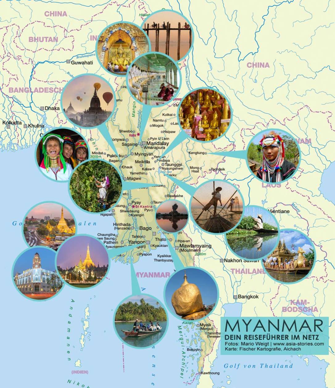 Diese Karte von Myanmar (Burma) zeigt die beliebtesten Orte, die bei geführten Fotoreisen angesteuert werden.