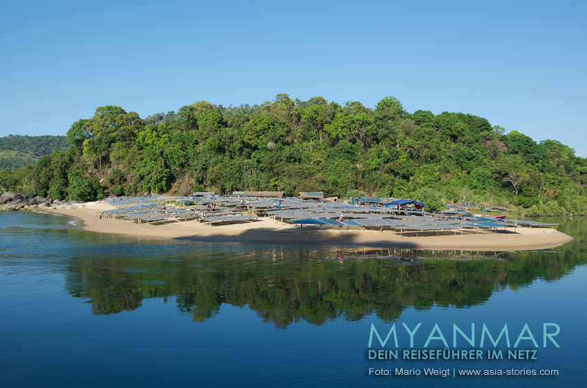 Dawei Peninsula: Im Fischerdorf San Hlan werden in der Sonne die Fische auf Bambusgestellen getrocknet.