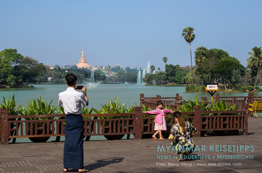 Vom Kandawgyi-Park hat man einen fantastischen Blick über den See auf die Shwedagon-Pagode.