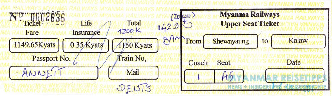 Myanmar Reisetipps | Ticket für den Zug vom Inle-See (Shwe Nyaung) nach Kalaw