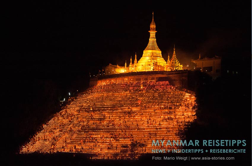 Myanmar Reisetipps | Magwe | Zum Lichterfest Thadingyut wird die Pagode Mya Tha Lun von tausenden Öllämpchen illuminiert.