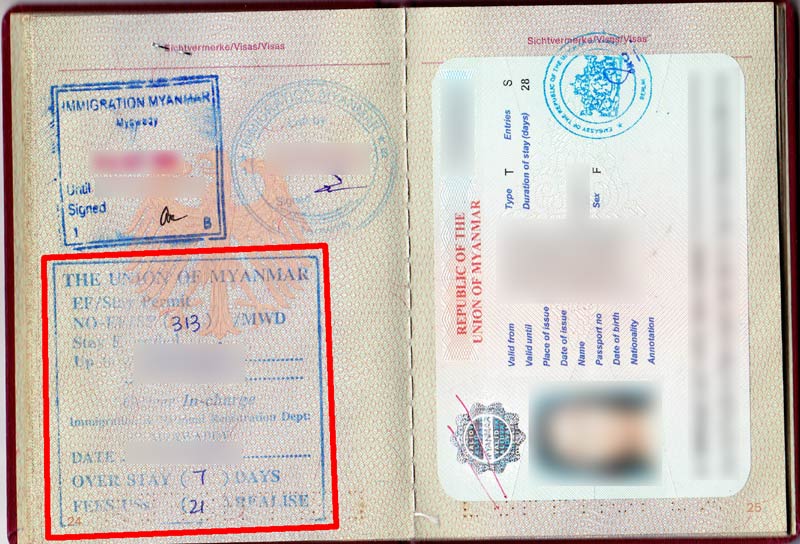 Overstay in Myanmar: Der mit Rot umrandete Stempel besagt, dass wir sieben Tage überzogen haben und 21 USD bezahlen mussten.