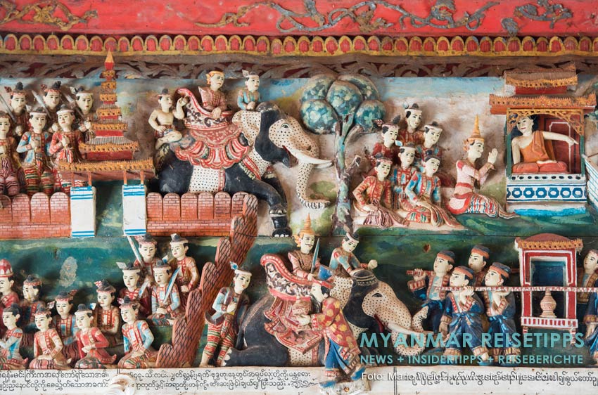Schnitzereien im buddhistischen Holzkloster U Nar Aunk. Es befindet sich 30 Kilometer von Mawlamyaing entfernt.