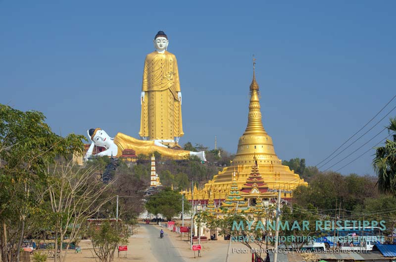 Monywa: Po Khaung Hügel mit der 114 Meter hohen Buddha-Statue Lay Kyun Sat Kyar und dem 90 Meter langen liegenden Buddha