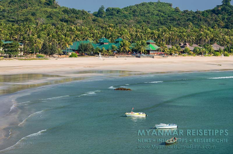 Ngwe Saung Beach (Silberstrand), Blick von der Liebesinsel auf das Myanmar Treasure Resort