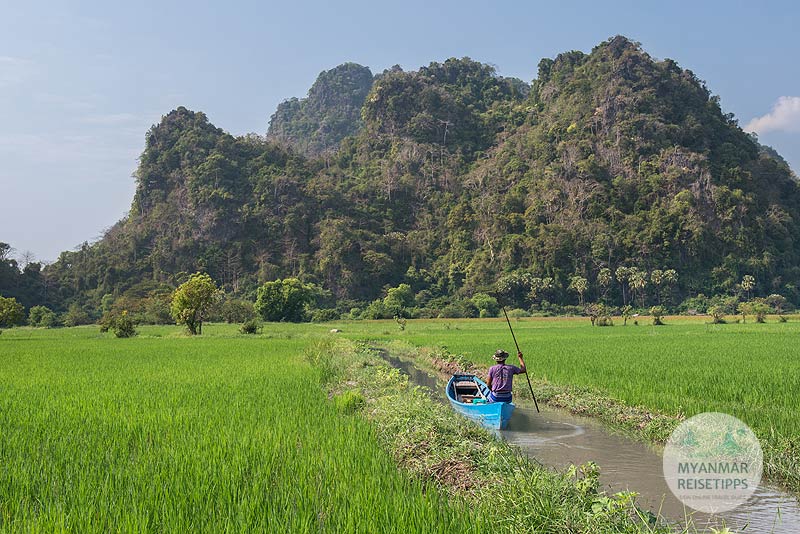 Hpa-an: Mit dem Boot durch Reisfelder zurück zum Eingang der Saddar-Höhle