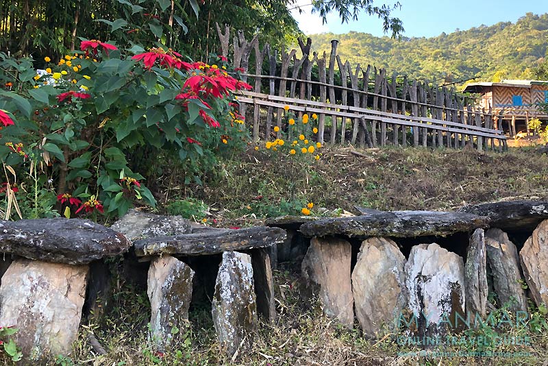 Myanmar Reisetipps | Mindat | Steingräber und Y-förmige Holzpfähle im Chin-Dorf Loute Pe
