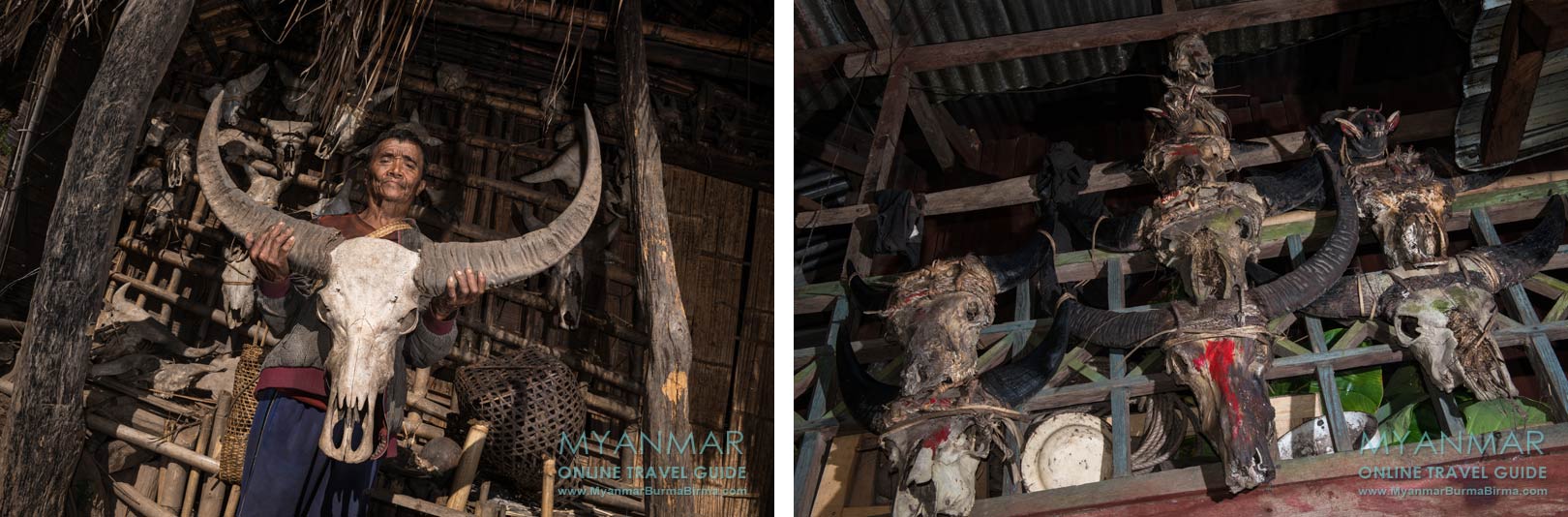 Myanmar Reisetipps | Mindat | Tierschädel an der Hauswand in Loute Pe