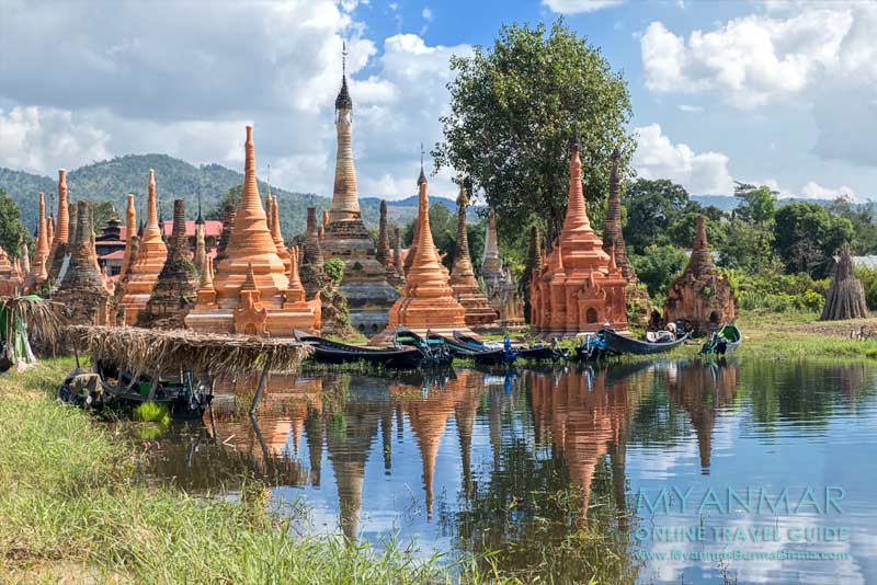 Inle-See: Spiegelung der Pagoden in Samkar