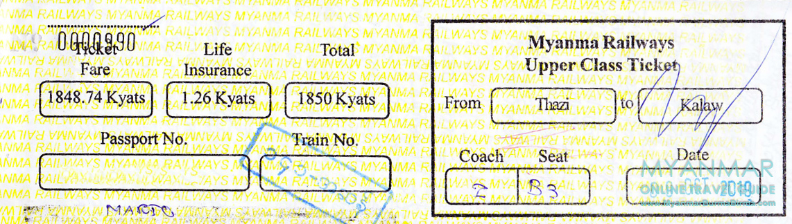Bahnticket von Thazi nach Kalaw in Myanmar