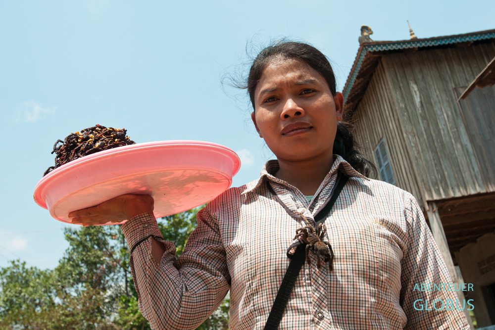 Verkauf der Spinnen am Busstopp in Skoun. Shin verkauft ihre gebratenen Vogelspinnen an der Bushaltestelle vor dem Rom Duol Restaurant 88.