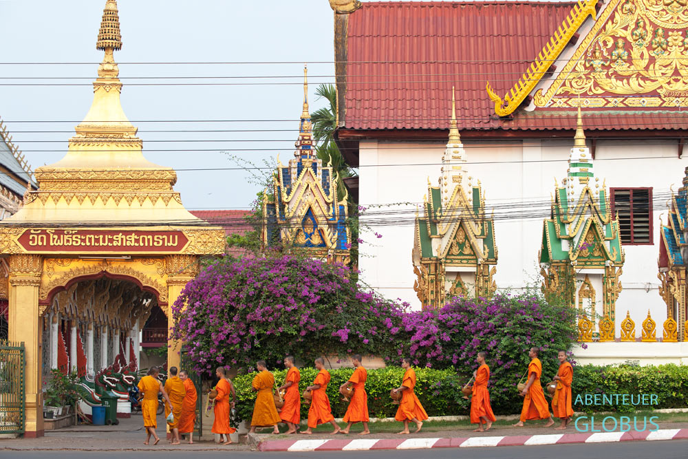 Mönche und Novizen kehren in Pakse vom morgendlichen Almosengang ins Wat Luang zurück. Hinter diesem Tempelkomplex liegt die 