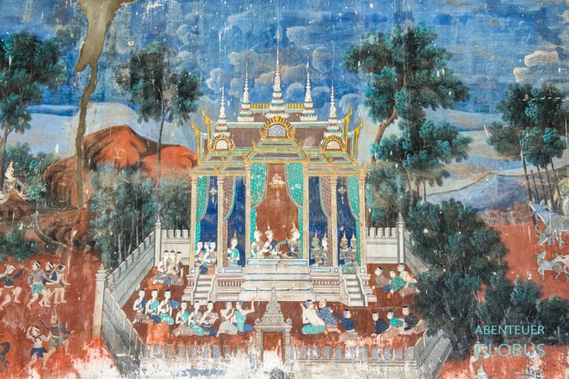 Kambodscha, Phnom Penh, Wandgemälde im Wandelgang der Einfassung der Silberpagode erzählt das Epos Reamker
