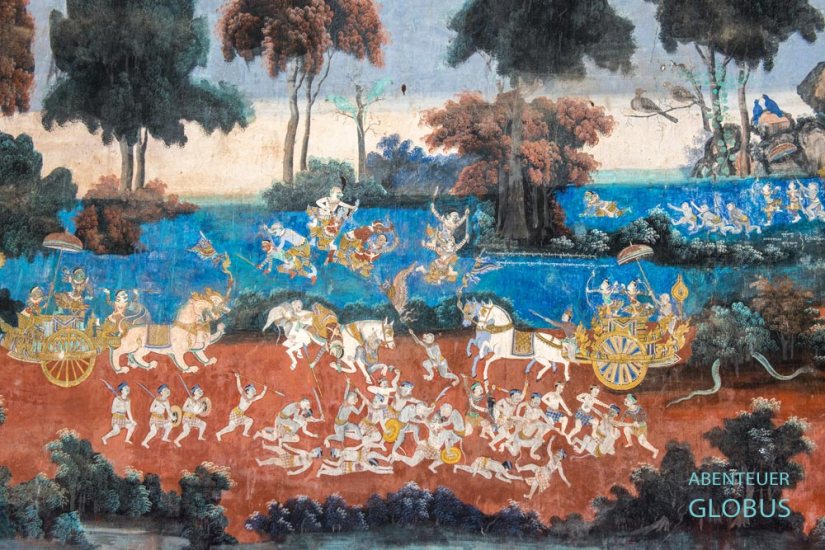 Kambodscha, Phnom Penh, Wandgemälde im Wandelgang der Einfassung der Silberpagode erzählt das Epos Reamker