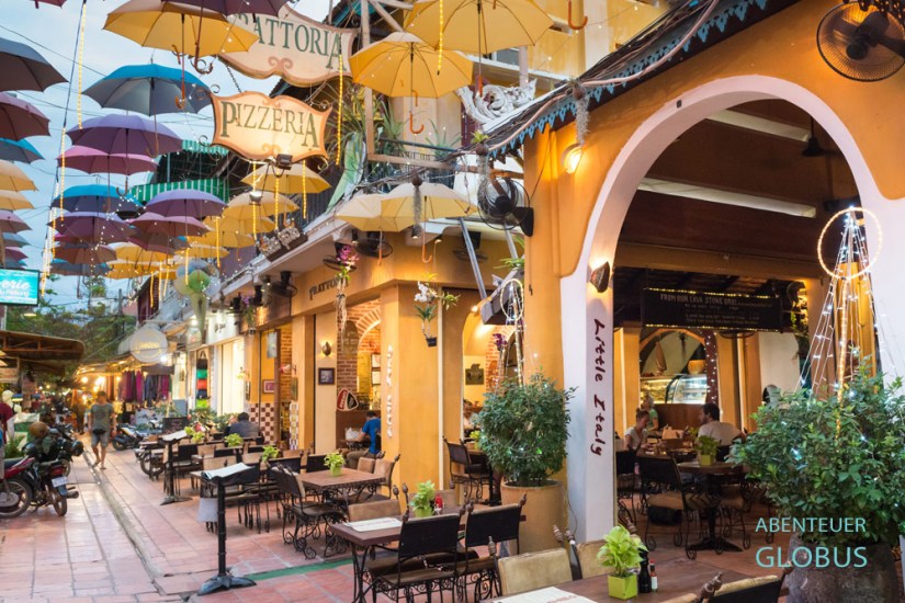 Restaurants in Siem Reap: Serviert werden Schnitzel, Sushi, Pizzas, Steaks, Currys, Hamburger, aber auch vegetarische und traditionelle Khmer-Gerichte.