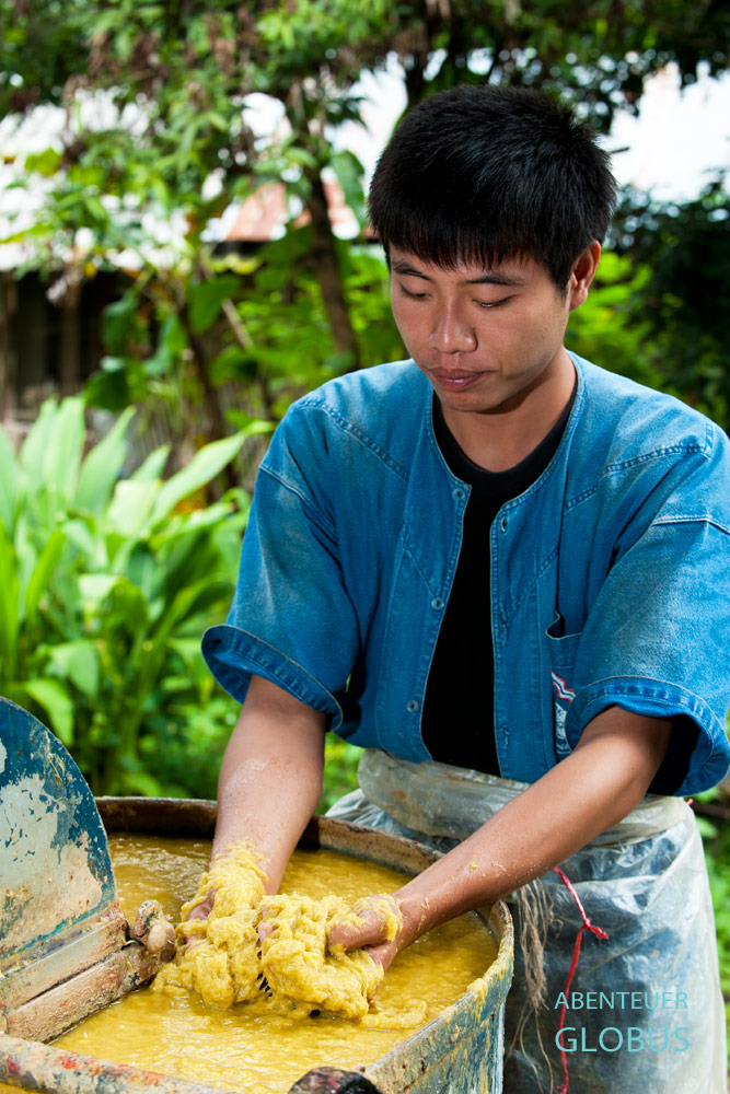 Ein Angestellter vom Elefanten-Zentrum Lampang prüft die Konsistenz des verarbeiteten Elefanten-Mists.
