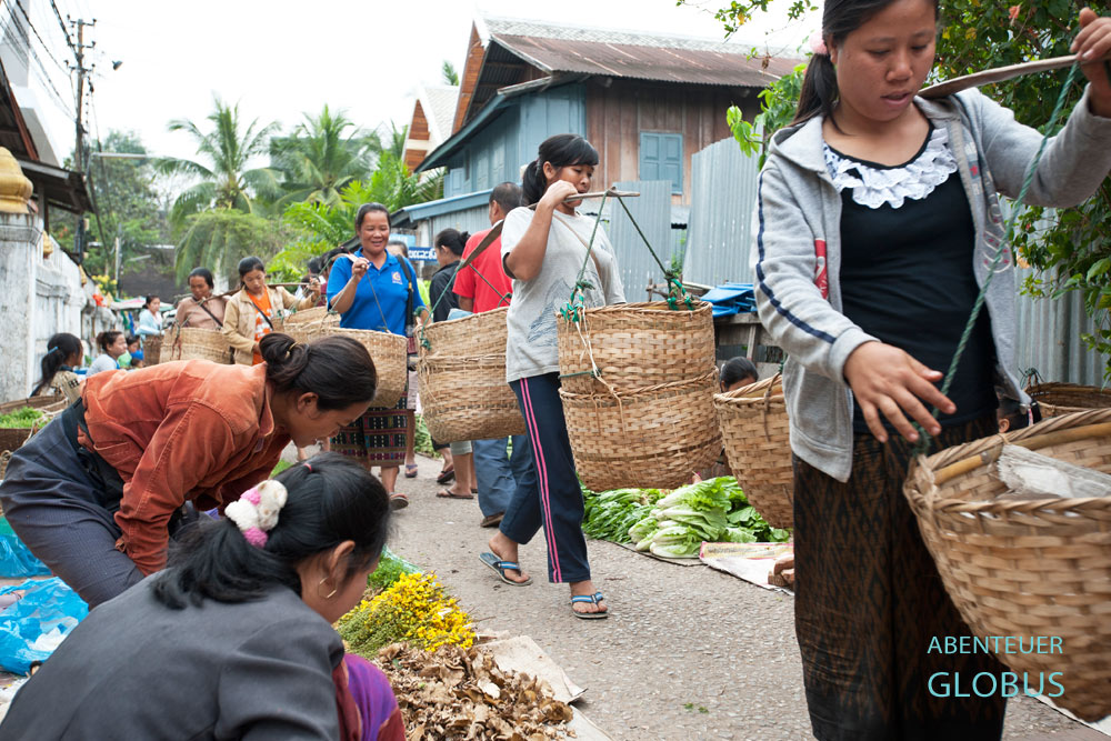 Auf dem Morgenmarkt Tha Heua in Luang Prabang in Laos wird frisches Gemüse, Kräuter, Pilze und Obst verkauft.