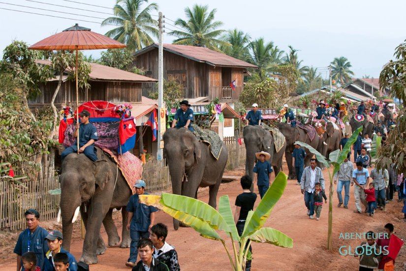 Laos, Provinz Sayaboury, Der Höhepunkt zum Elefantenfestival ist Elefantenparade, die durch das kleine Dorf Vieng Keo bei Hongsa führt.