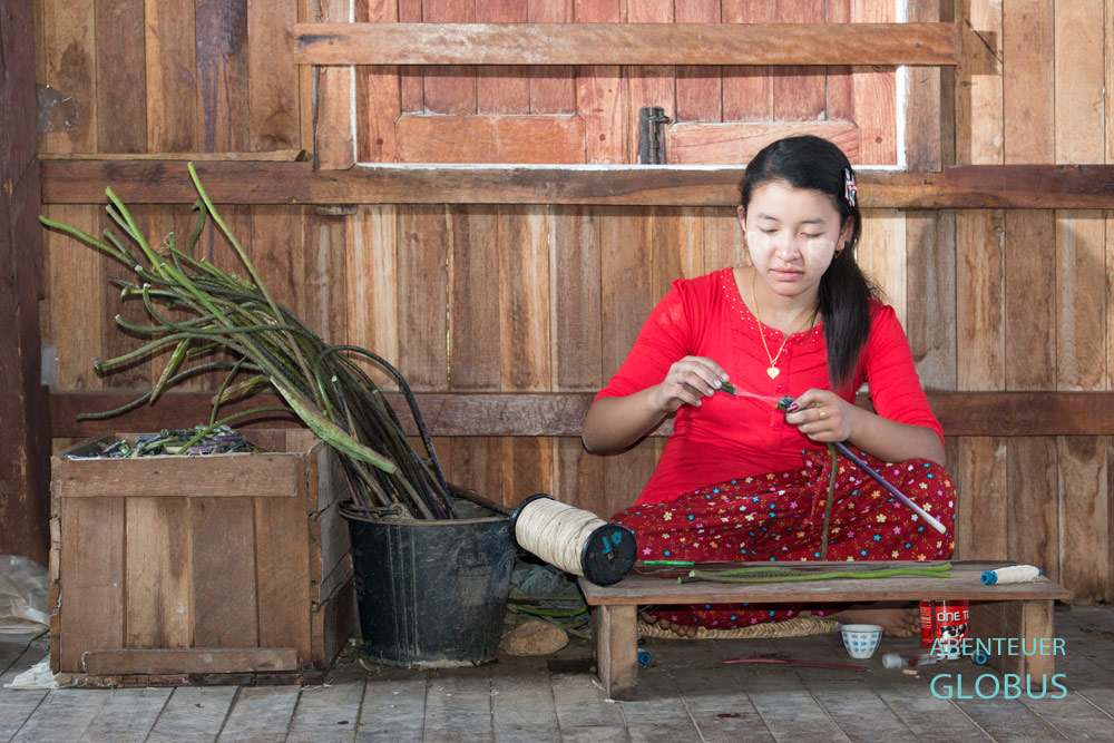 Eine Mitarbeiterin von Myat Pwint Chel Silk & Lotos Weaving im Dorf Inpaw Khon auf dem Inle-See zeigt, wie aus Lotusstängeln der Faden zum Weben entsteht.