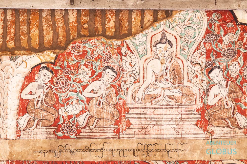 Teils noch gut erhaltene Wandgemälde findet der Besucher im Upali-Thein-Tempel in Bagan in Myanmar.
