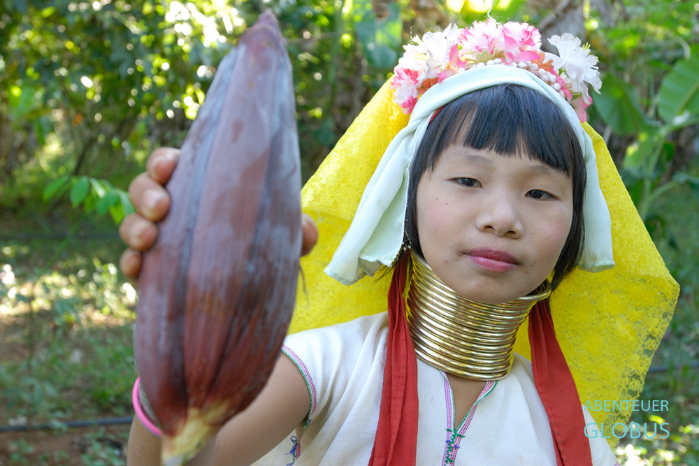 Mädchen der Padaung (Kayan) hält eine Bananenblüte in der Hand
