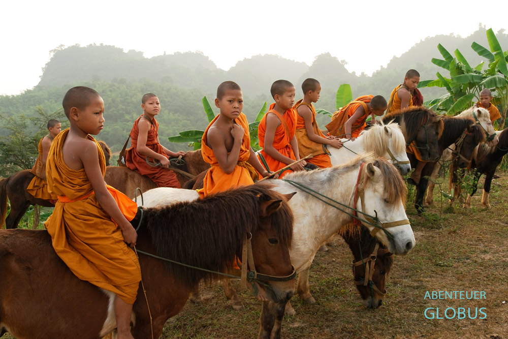 Im Kloster Zum Goldenen Pferd im Goldenen Dreieck beginnt der Tag schon frühmorgens zum Almosen einsammeln.