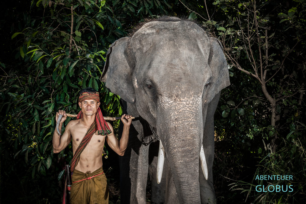 Stolz präsentiert sich Mahut Dom neben seinem Elefanten Ken in Ban Ta Klang, dem Elefantendorf im Isan, im Osten von Thailand.