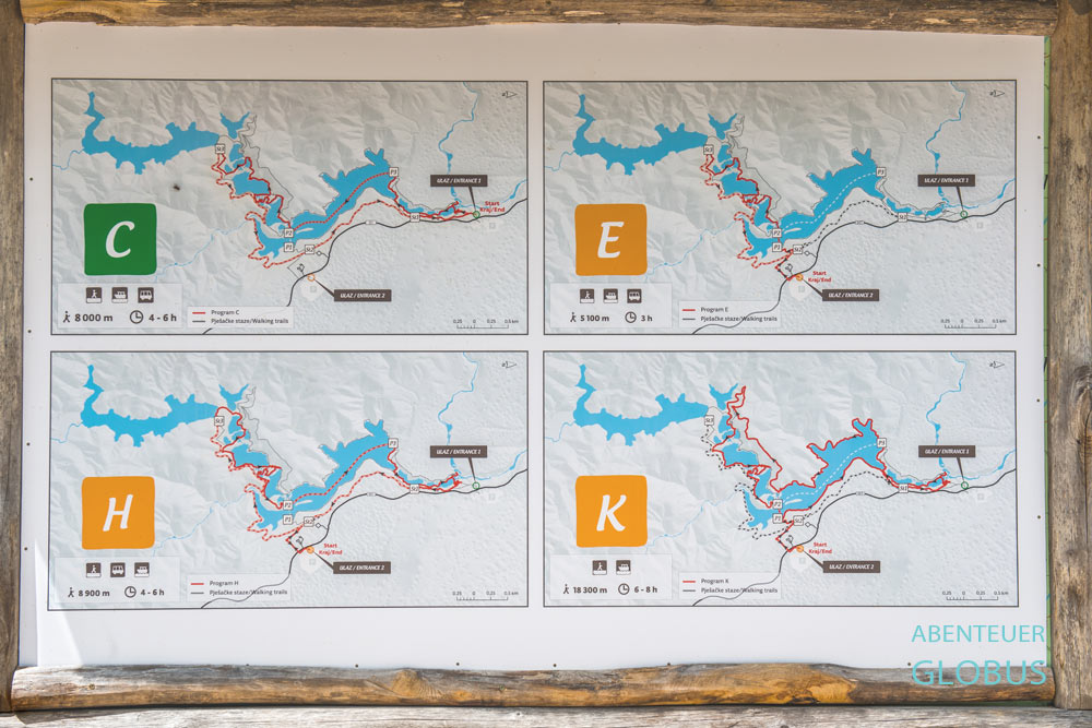 Alle vier Wanderwege C, E, H, K im Nationalpark, die um die Plitvicer Seen führen.
