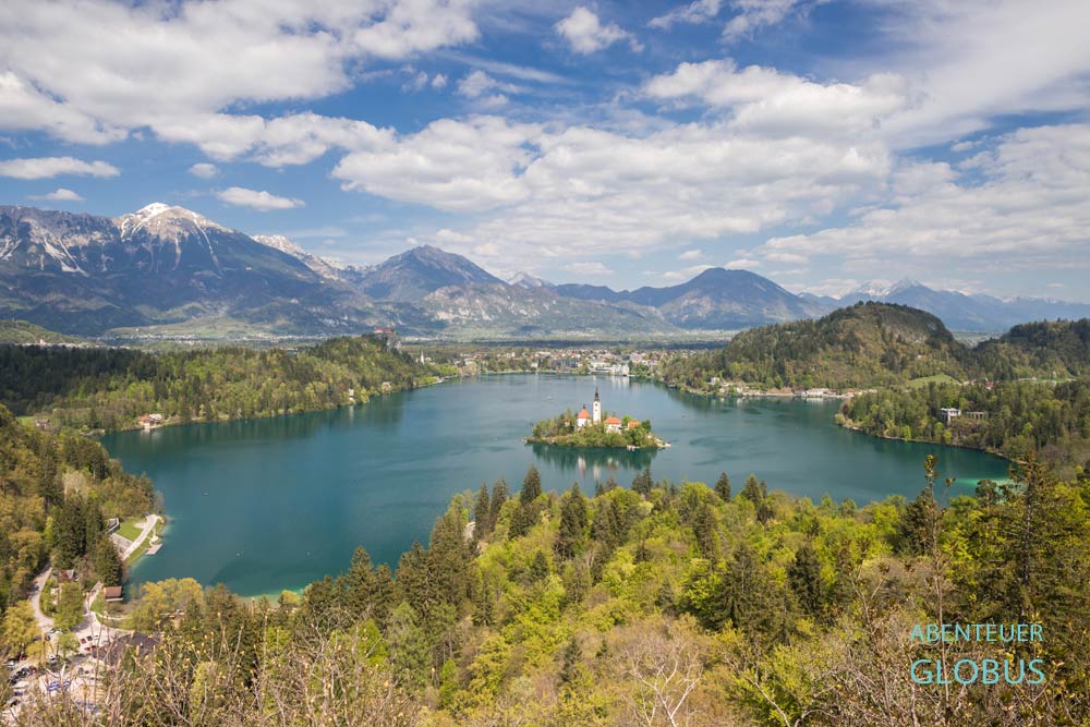 Bled in Slowenien: Blick auf den Bleder See und die Insel mit Kirche Maria Himmelfahrt vom Aussichtspunkt Ojstrica