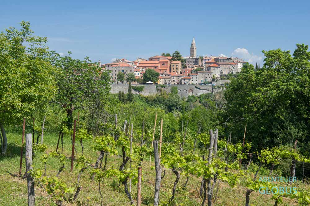 Halbinsel Instrien: Blick vom Aussichtspunkt Labin auf das mittelalterliche Hügeldorf