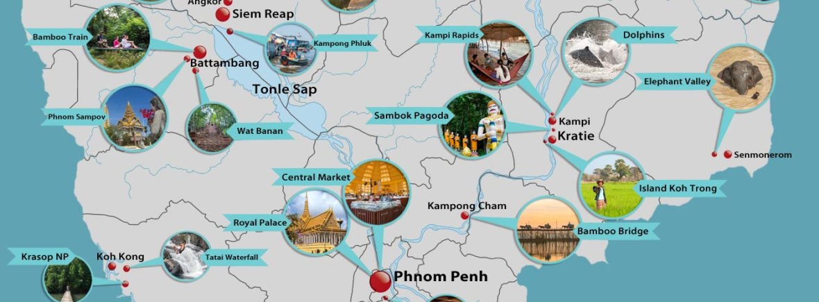 Karte mit allen wichtigen Sehenswürdigkeiten und Highlights in Kambodscha