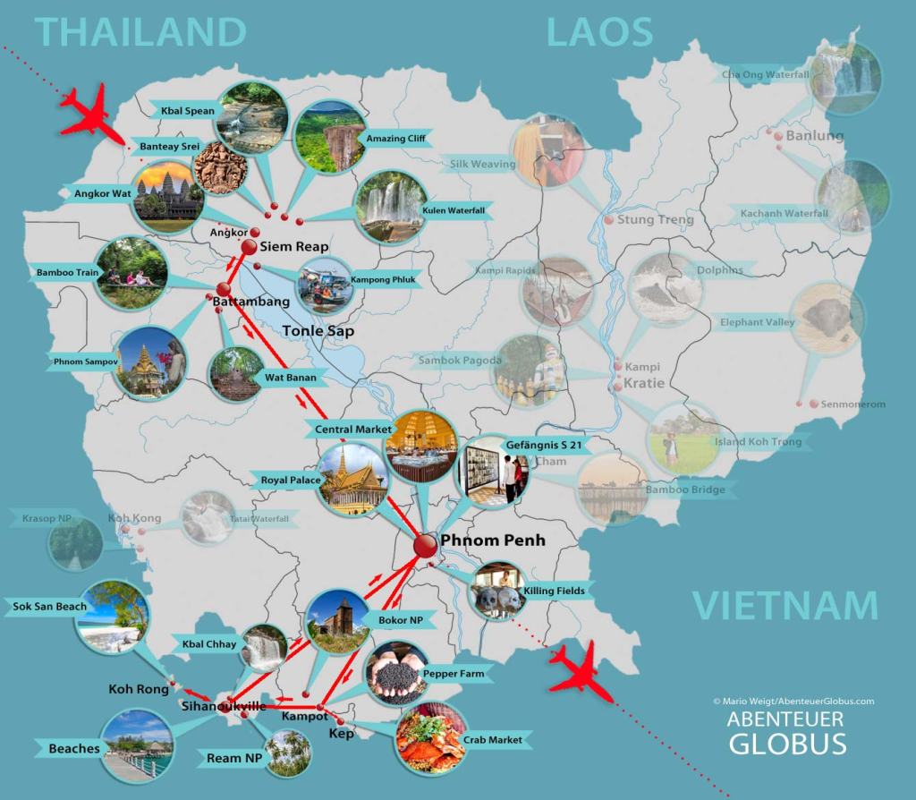 2 Wochen Kambodscha Rundreise: Karte mit Reiseroute und Tipps