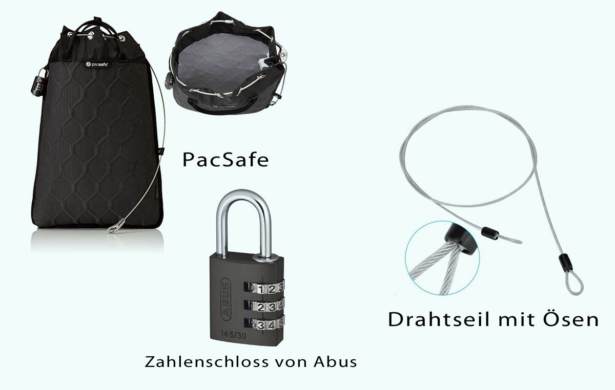 Packliste Kambodscha: Schlösser, Seil und PacSafe für die Sicherheit zum Sichern vom Gepäck