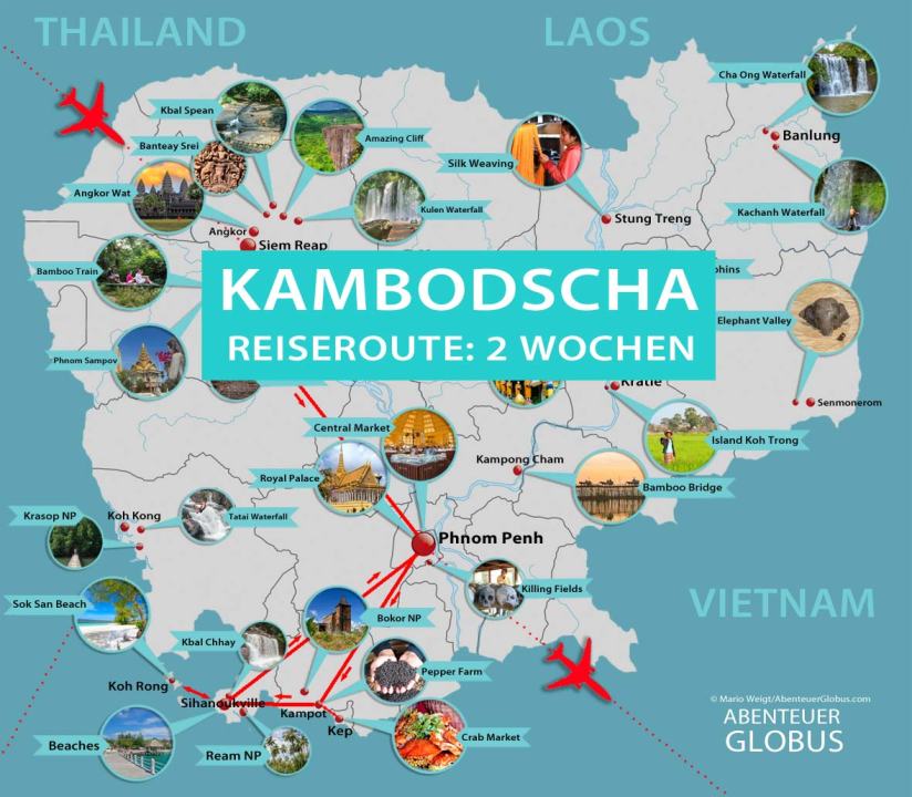 Detaillierte Karte mit der Reiseroute für 2 Wochen Kambodscha inklusive aller Sehenswürdigkeiten