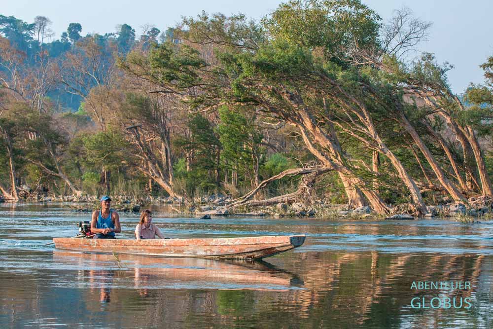 Touristin und Bootsfahrer im Mekongdelta Si Phan Don, im Hintergrund schiefe Bäume.
