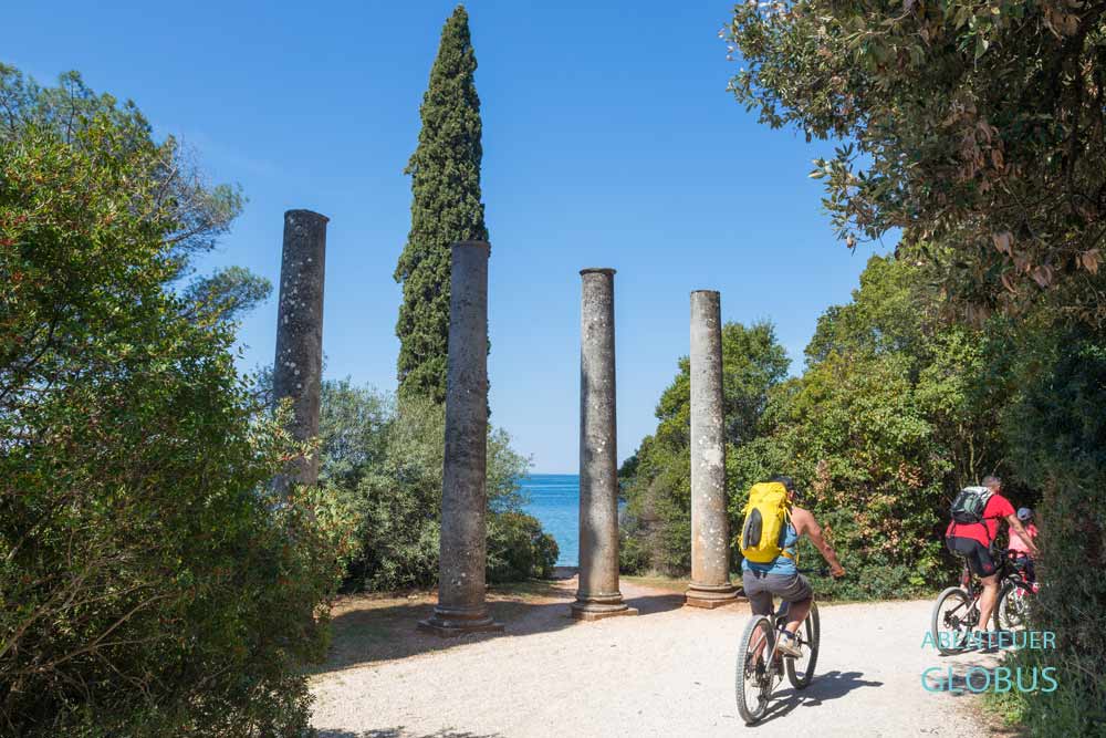 Fahrrad- und Wanderweg im Naturpark Zlatni Rt (Goldenes Kap) an der Adriaküste in Rovinj, Istrien, Kroatien.