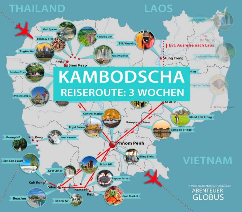 Karte mit Sehenswürdigkeiten und Reiseroute für 3 Wochen Kambodscha Rundreise