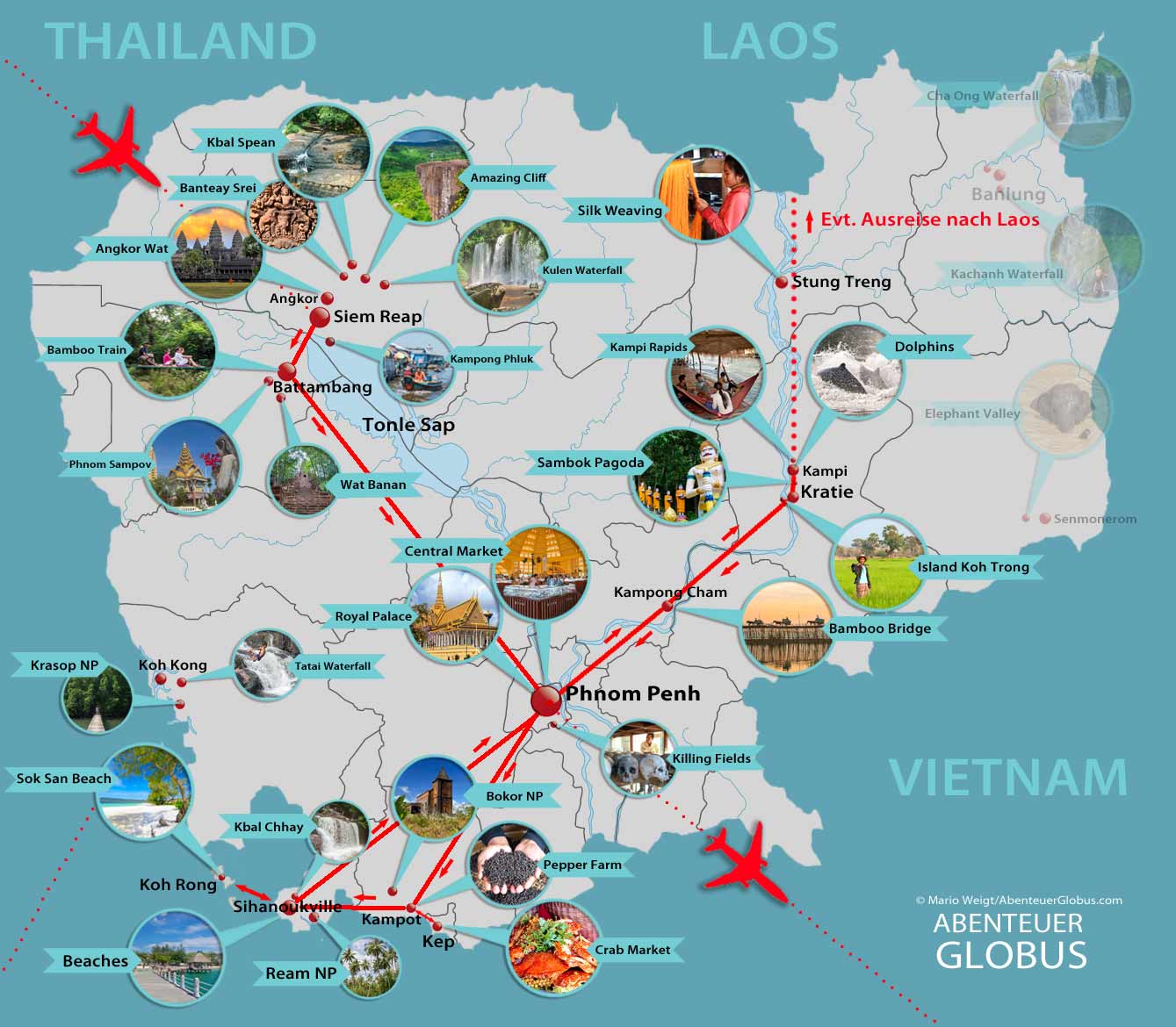 Karte mit Sehenswürdigkeiten und Reiseroute für 3 Wochen Kambodscha