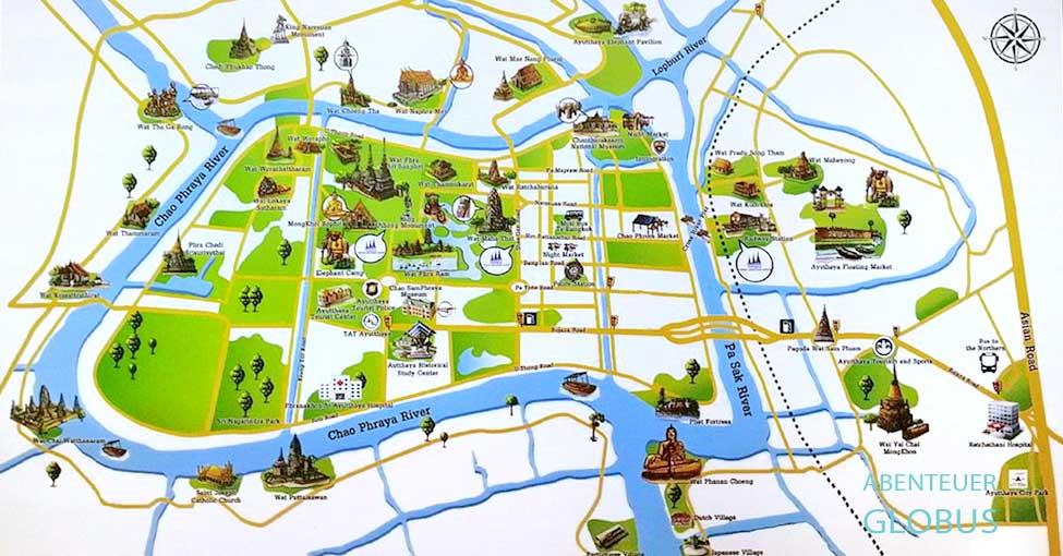 Ayutthaya: Karte mit allen Tempeln und Sehenswürdigkeiten