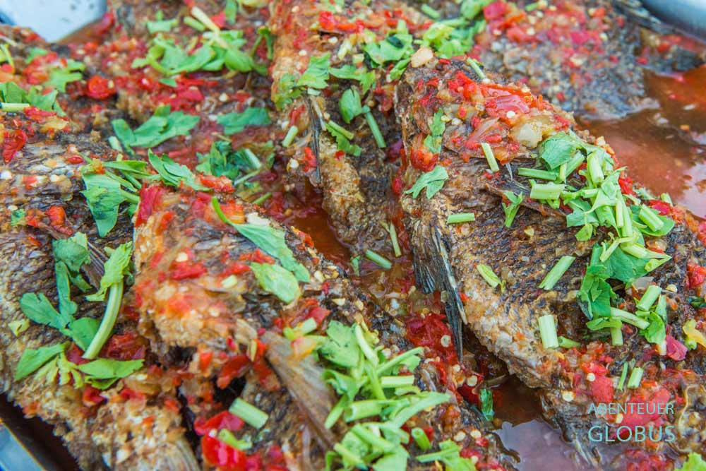 Gegrillte Fische auf dem Nachtmarkt in Ban Krut