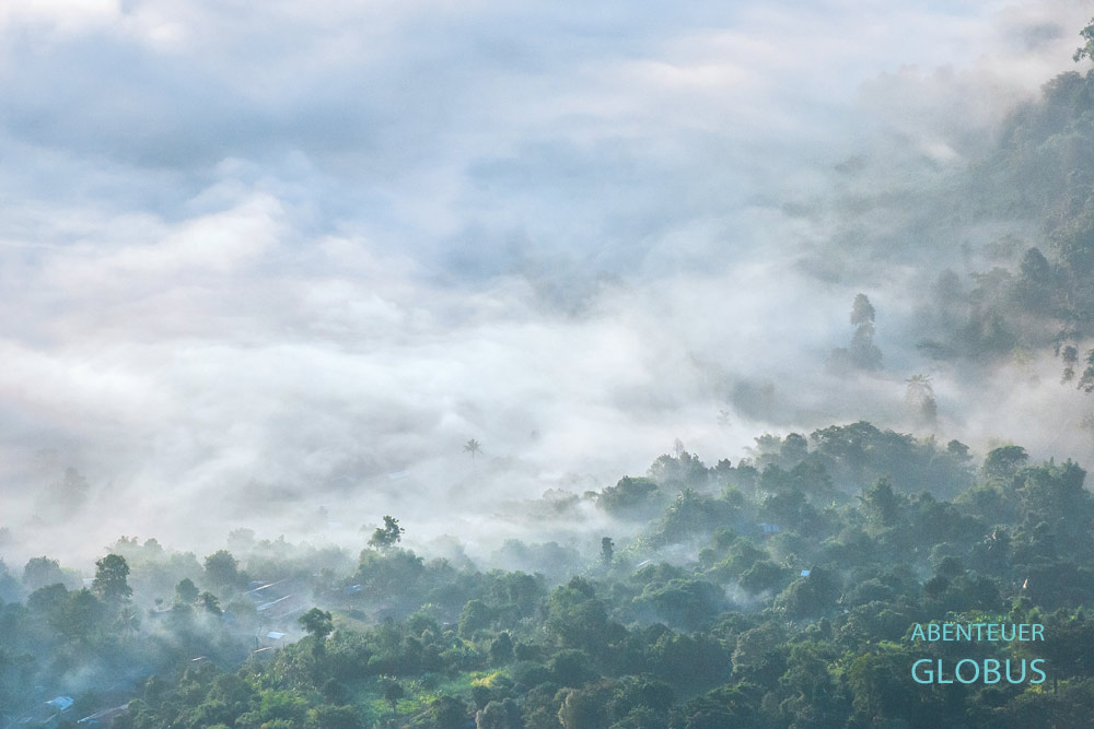 Attraktion in der Umgebung von Chiang Rai: Aussichtspunkt am Berg Phu Chi Fa, hier noch mit Morgennebel über Laos