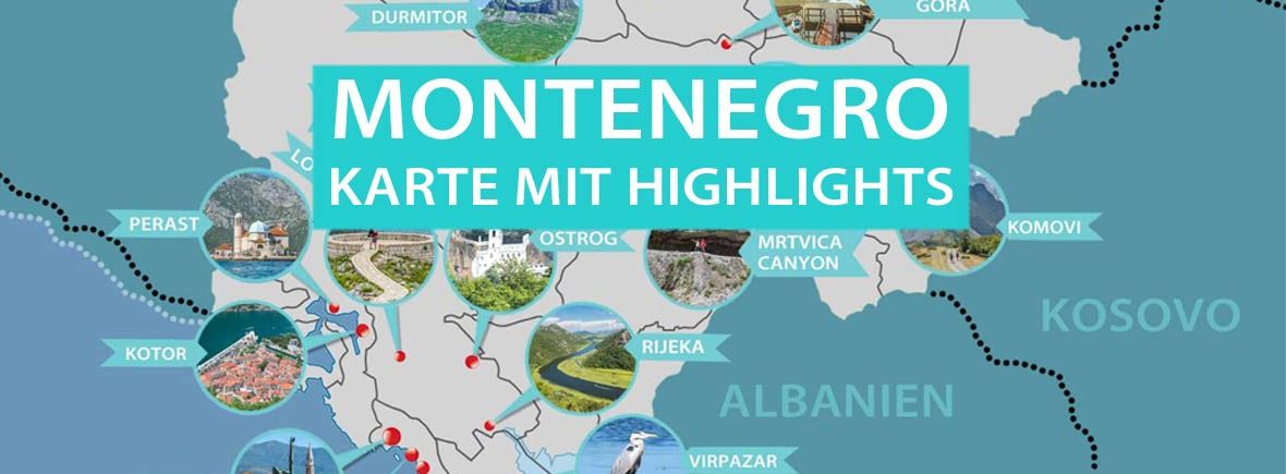 Montenegro Karte mit Sehenswürdigkeiten, Orte, Reiseziele und Highlights