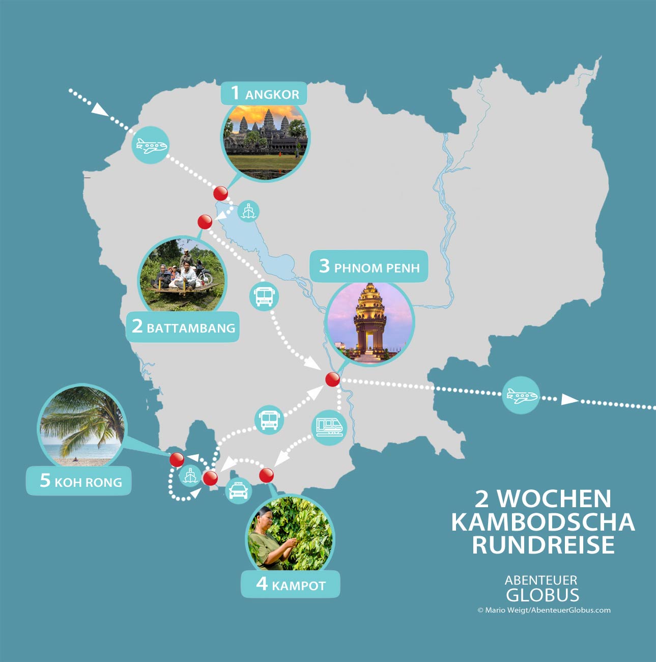 2 Wochen Kambodscha Rundreise: Karte mit Reiseroute und Tipps