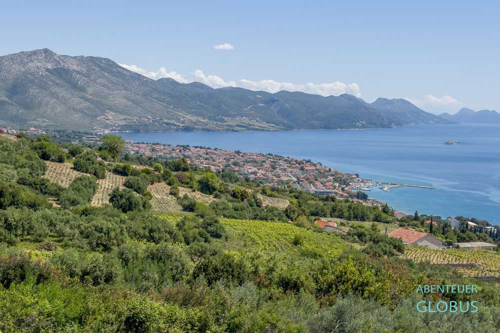 Blick auf Orebic, Olivenhaine, Weinberge und das Peljesac-Gebirge