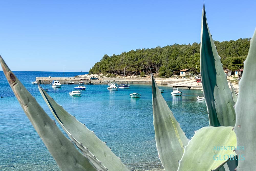 Bucht Polje mit Booten und Anlegestelle im Naturschutzgebiet Kamenjak 