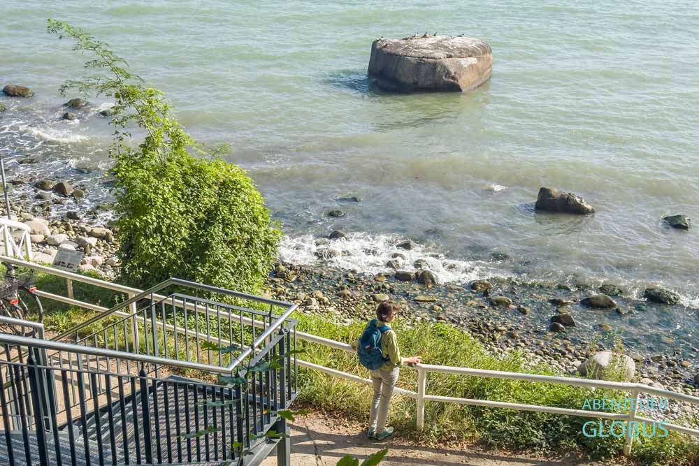 Steinstrand in Sassnitz, Aussichtspunkt am Steilufer, Findling Uskam, auch Klein Helgoland genannt