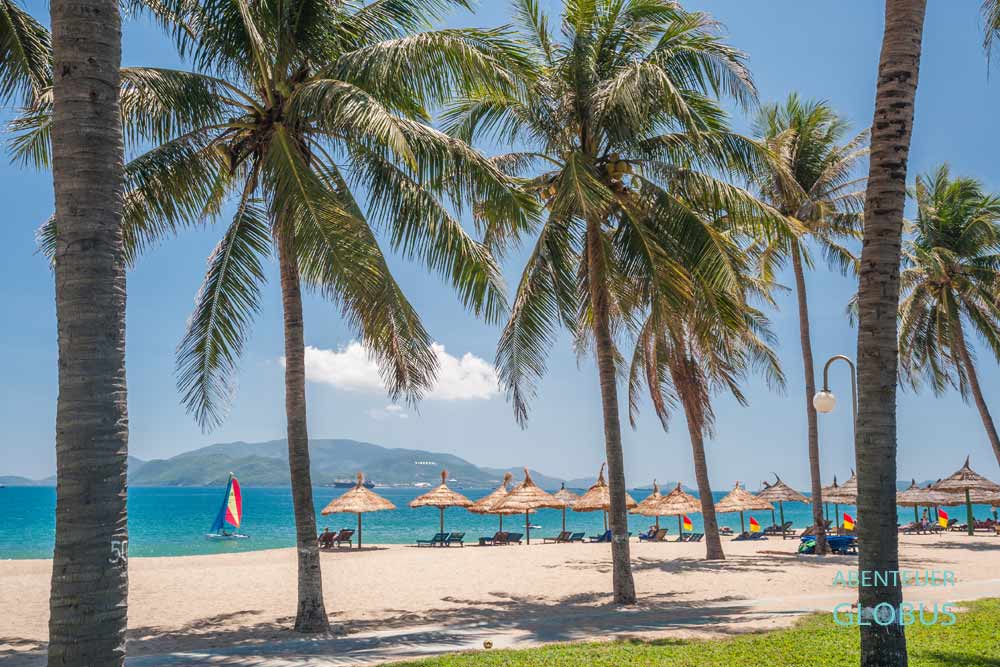 Nha Trang: Stadtstrand mit Palmen und Blick auf die Insel Hon Tre