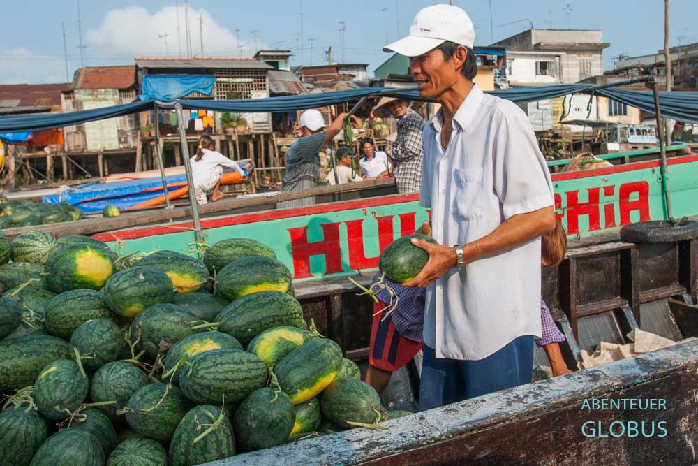 Schwimmender Markt in Cai Be: Verkauf von Wassermelonen