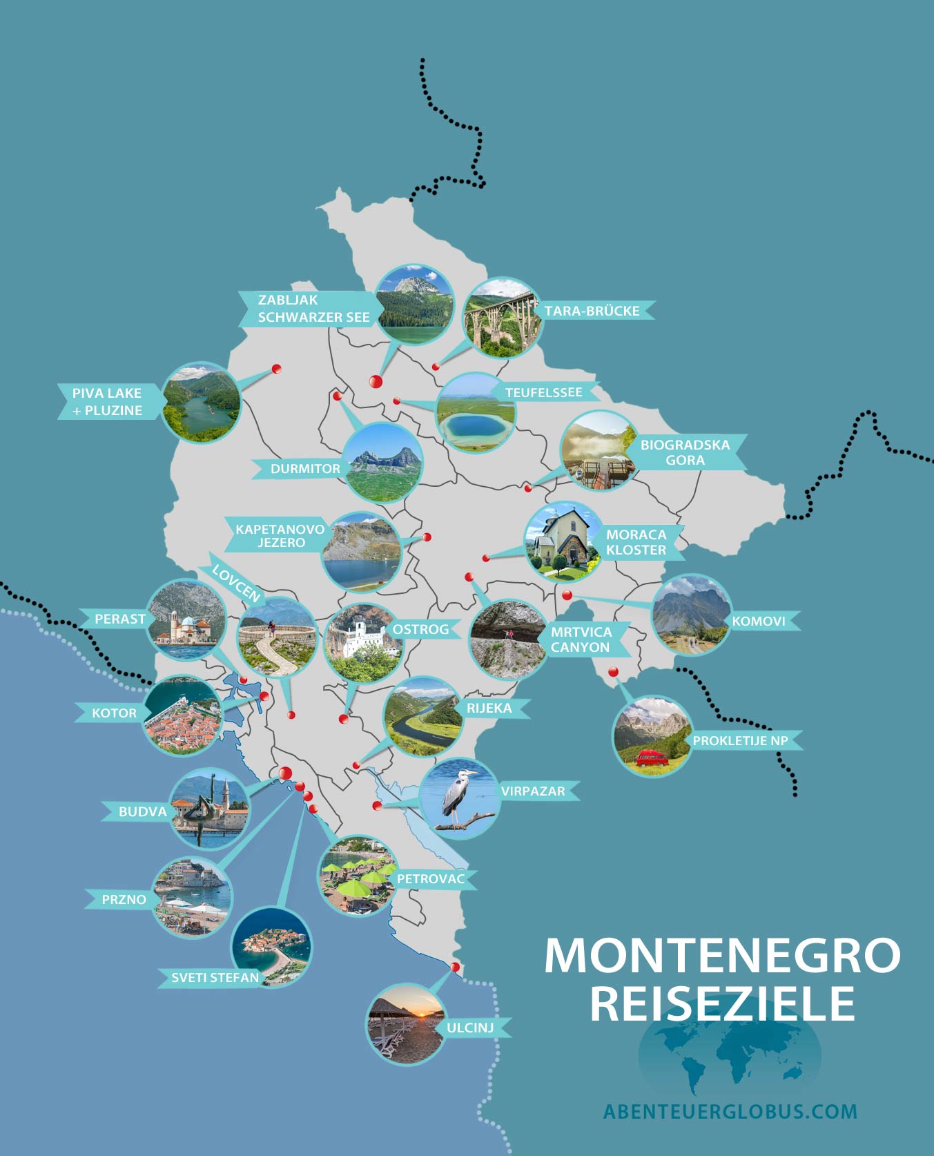 Montenegro Karte:  Sehenswürdigkeiten, Reisziele, Orte und Highlights